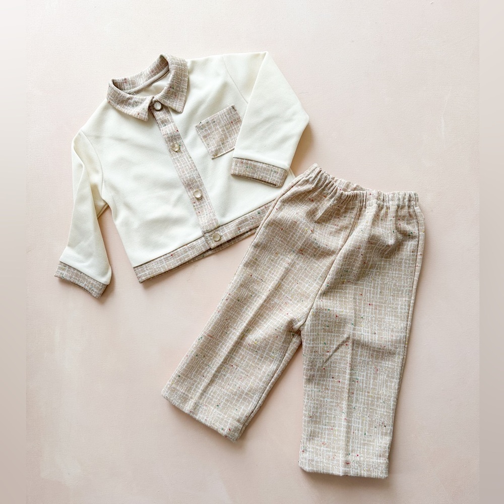 Neutral Baby Set - Vintage Handmade Button Down Top and Pant Set. (3-6m)
